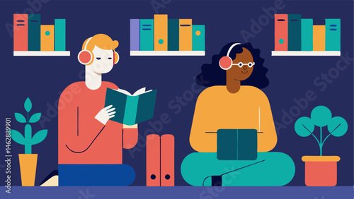 Library Reading A tranquil library setting with diverse patrons. One character is reading braille books while another uses headphones to listen to an audiobook. The library has