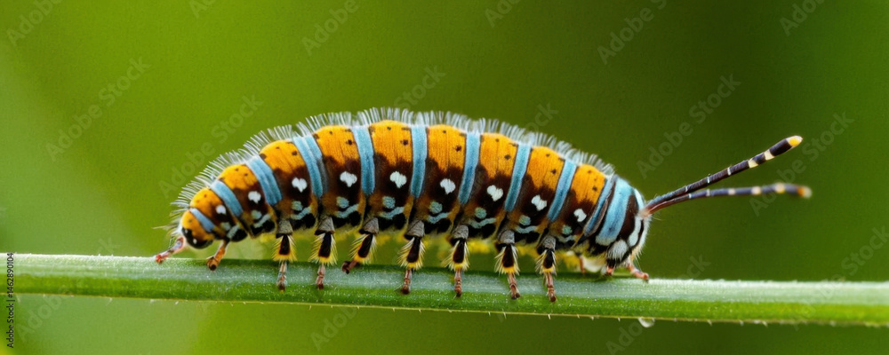 A close-up view of a caterpillar transforming into a butterfly on a plant leaf