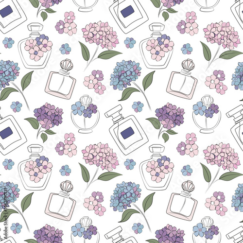 Perfume bottle with hydrangea flowers seamless pattern. Outline vector illustration. One line drawing. Fashion wallpaper, beauty background, fabric, textile, print, wrapping paper, package design.