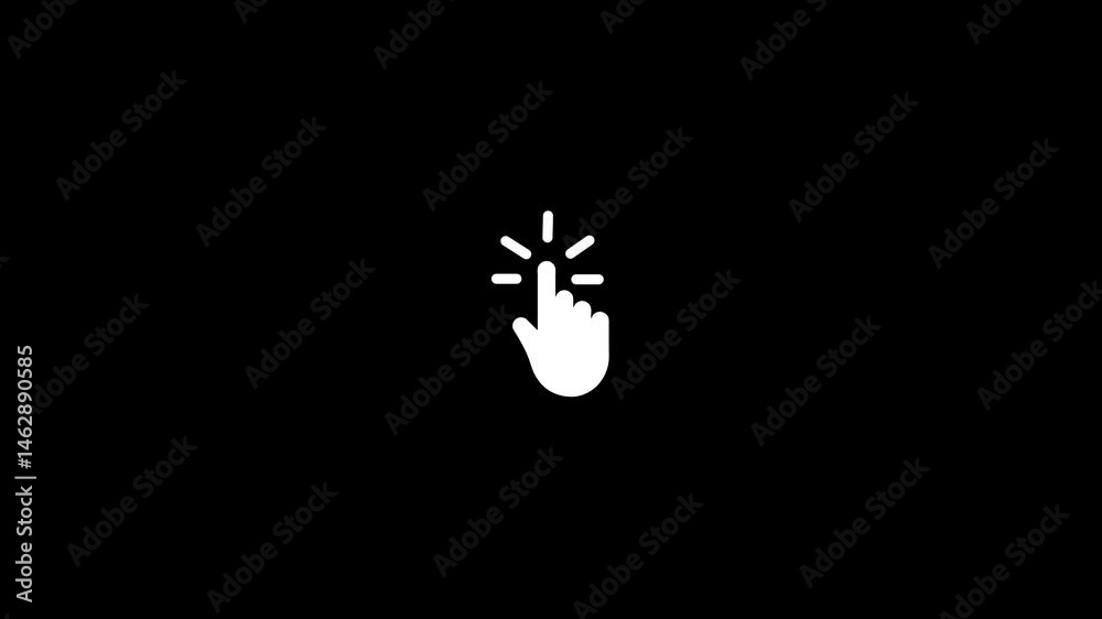 Mouse pointer hand click icon animation. Clicking finger icon on black background.