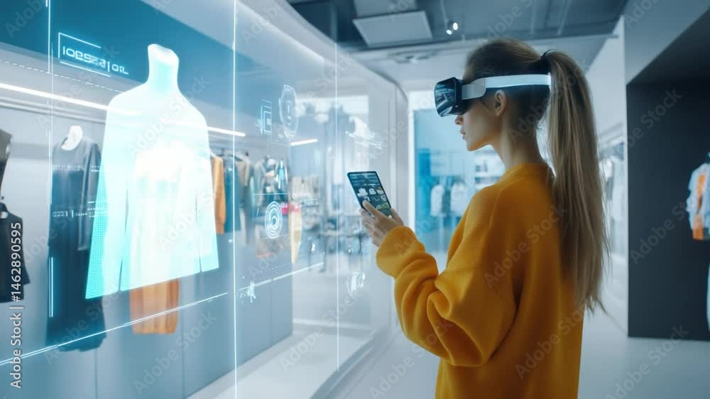 Woman uses VR headset and mobile phone to browse clothes store in virtual reality