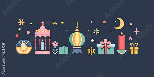 Colorful Festive Decorations with Lanterns Gifts Candles and Stars on Dark Blue Background

