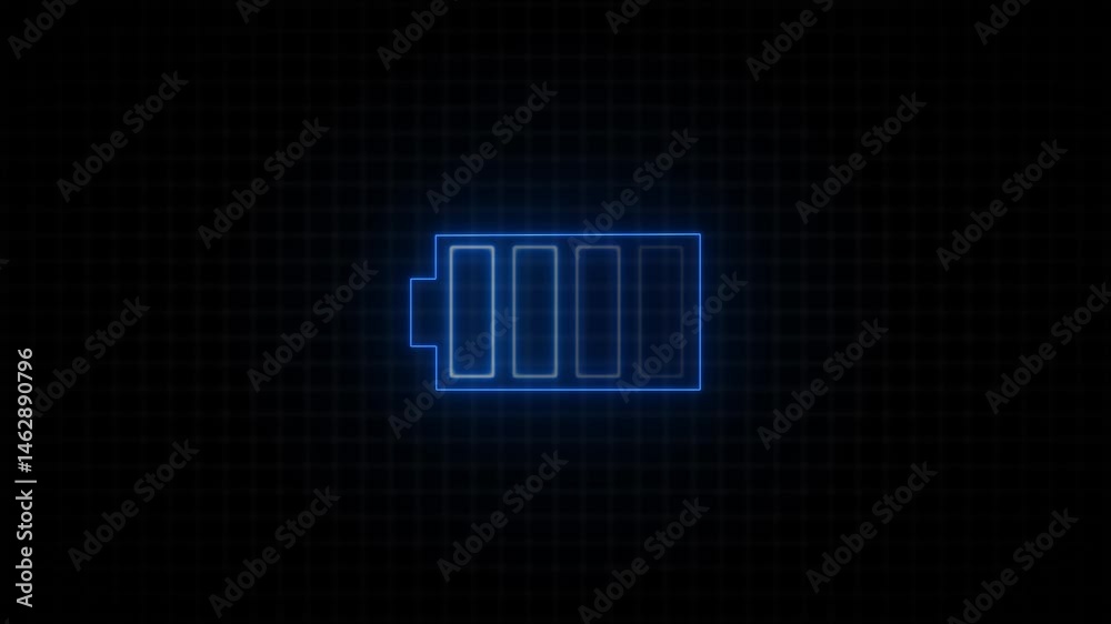 Neon battery charge icon. Fast charging battery icon animation. glowing battery charging concept technology with dark grid background Neon battery charge icon. Fast charging battery icon animation. glowing battery charging concept technology with dark grid background