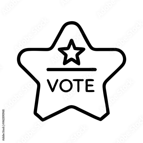 outline icon of vote badge in star shape with small star and text, symbol of election pride and civic duty, black on white