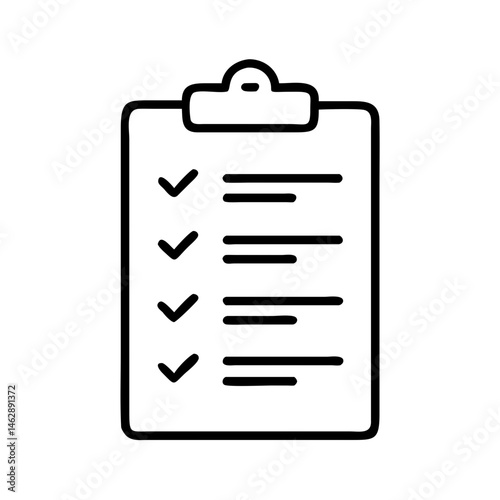outline icon of clipboard with checklist and check marks, symbol of campaign goals, voting tasks or election planning, black on white