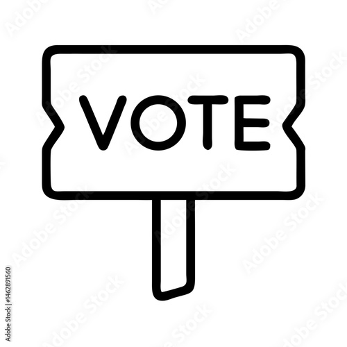 outline icon of vote sign on stick, symbol of political campaign, election promotion and civic action, minimal protest placard, black on white