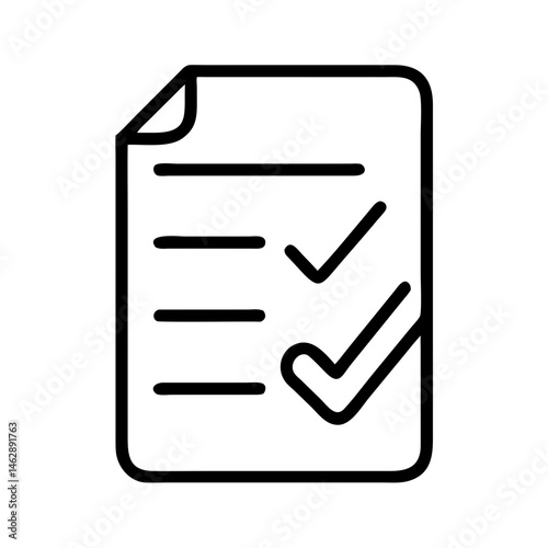 outline icon of checklist or document with check marks, election program or political agenda concept, campaign planning symbol, black on white