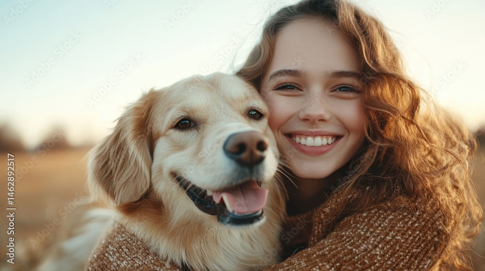 A woman embraces her golden retriever dog in a serene outdoor setting, capturing the essence of happiness and companionship amidst a natural landscape during golden hour. A woman embraces her golden retriever dog in a serene outdoor setting, capturing the essence of happiness and companionship amidst a natural landscape during golden hour.