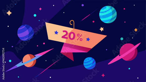 Intergalactic Sale Banners Large illuminated banners displaying discounts like 20% Off Everything waving in the cosmic breeze as they hang in the void of space.