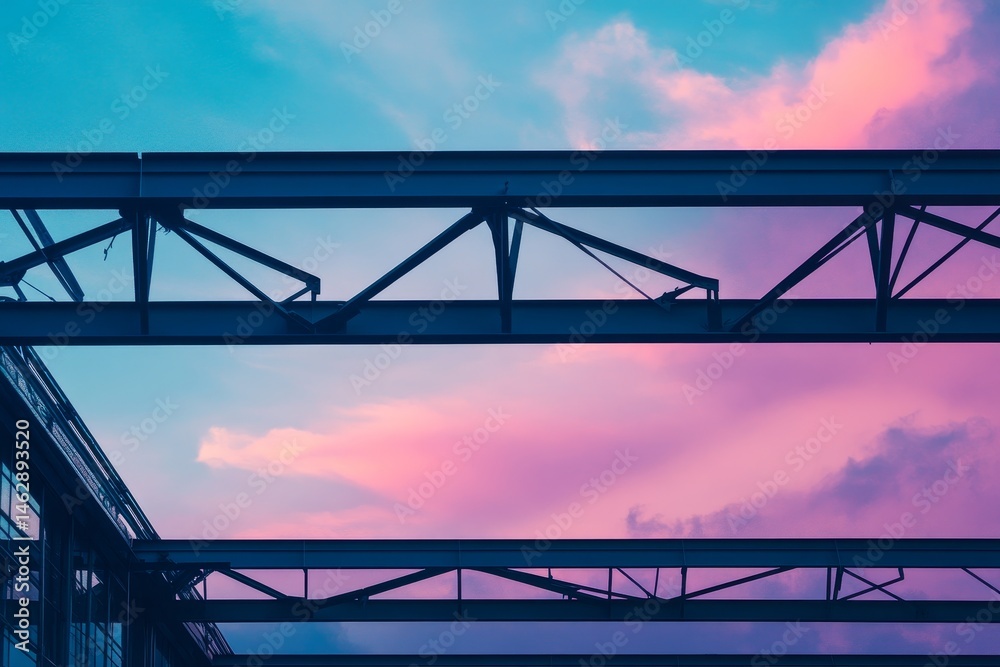 Obraz premium Industrial metal structures against a vibrant sunset sky.