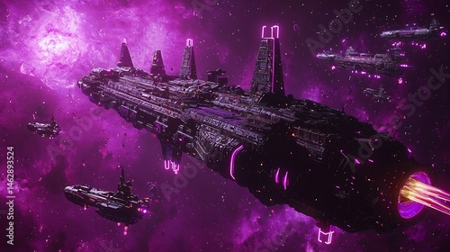 Fototapeta Naklejka Na Ścianę i Meble -  Futuristic space station floating a distant galaxy with ships docking and neon lights glowing cinematic interstellar hub
