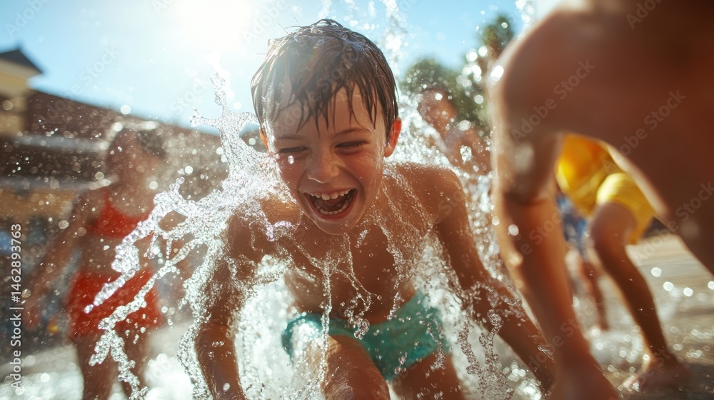 Obraz premium Children playfully splash water in the sunlight, radiating joy and energy, encapsulating the essence of carefree childhood and the joy of summer moments.