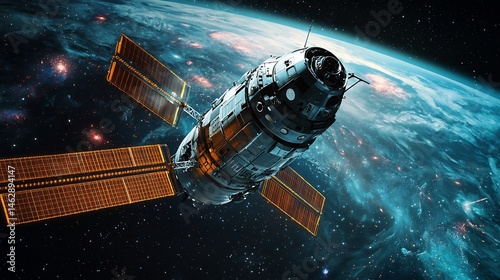 Fototapeta Naklejka Na Ścianę i Meble -  Futuristic spacecraft docking a massive space station vast galaxies in the background cinematic space docking