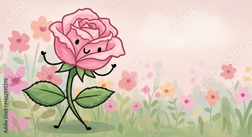 Happy cartoon rose character surrounded by colorful flowers in a soft background
