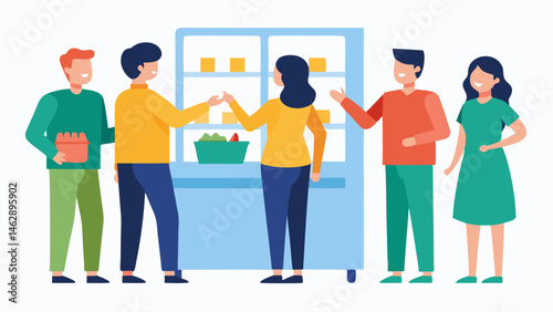 Friendly Staff Store employees assisting customers showing them features of a shiny new refrigerator while others look at various models.