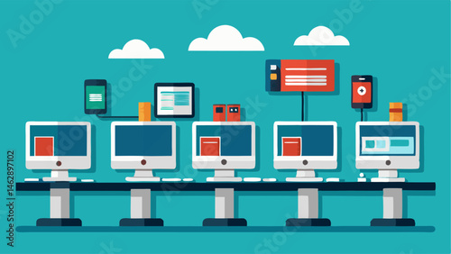 A row of computer workstations each with a highspeed internet connection and design software for digital projects.