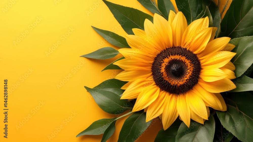 Obraz premium A stunning sunflower with vibrant yellow petals stands out against a bright yellow background, symbolizing happiness and summer's essence in nature's beauty and color.
