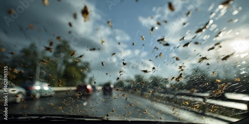 Close-up of Insect Splatter on Car Windshield During Rainy Drive