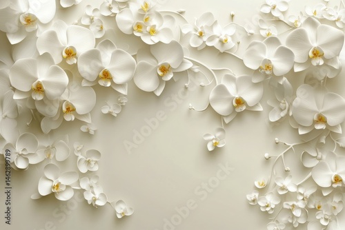 Elegant white orchid blossoms cascading down the surface
