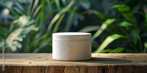 Minimalist White Jar with Green Foliage on Wooden Surface

