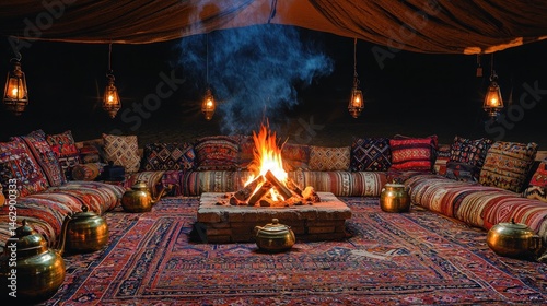 Cozy Arabic Tent with Fireplace, Cushions and Teapots for Relaxing