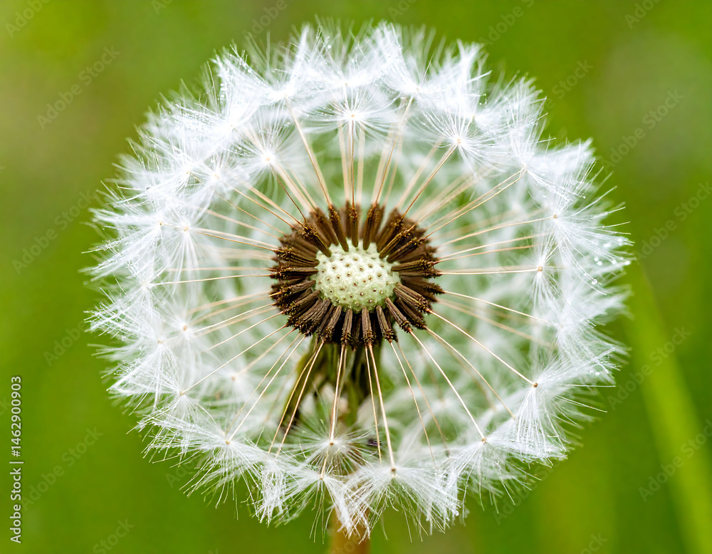 Fototapeta premium Delicate dandelion seed head against a soft green backdrop. Symbolizes fragility, wishes, dreams, and resilience. Perfect for spring themes, nature projects, and positive messaging.