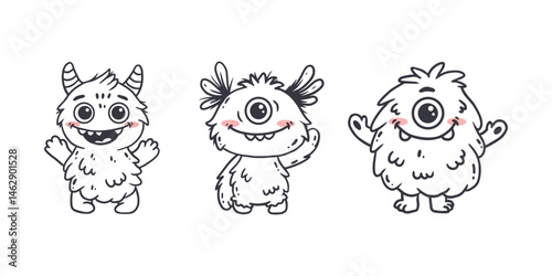 set of cartoon monsters. Cute monsters doodle. Kids funny character design for posters, cards, magazins. Line. Vector illustration
