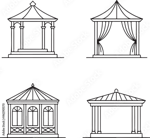 Set of Four Thin Line Style Gazebos and Garden Pavilions — Minimalist Vector Illustration of Outdoor Structures

