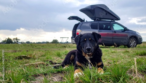 車のそばで飼い主を待つ犬