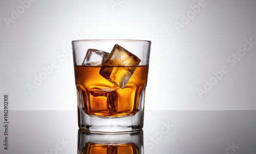 A glass filled with whiskey and ice cubes on a wooden table