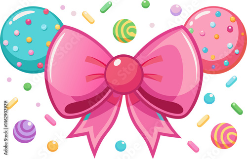A vibrant illustration featuring a large pink bow surrounded by colorful lollipops, candies, and sprinkles.