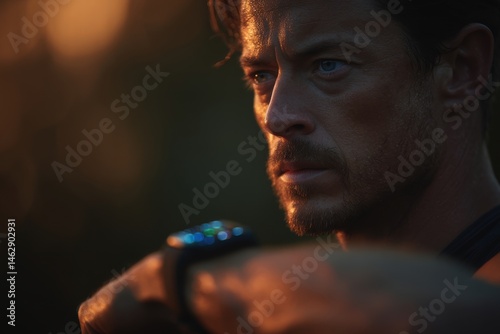 A focused athlete looks forward, sweat glistening in the warm light, showcasing determination and readiness, with a blurred smartwatch on his wrist.