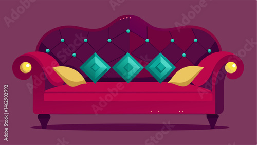 A rich burgundy velvet sofa adorned with velvet throw pillows in various jewel tones.