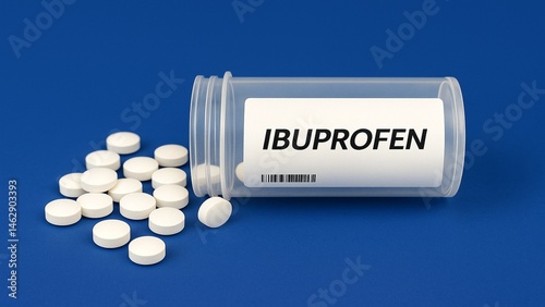 Box of ibuprofen tablets placed on a table, over-the-counter anti-inflammatory pain relief medication in daily use.

