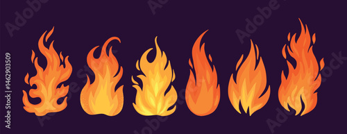 Cartoon flame. Fire fireball, red hot campfire, yellow heat wildfire and bonfire, burn power fiery silhouettes isolated vector illustration set. Fireball power light, flame bonfire energy on dark