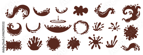 Cartoon coffee splash silhouettes. Liquid coffee or tea drops, flows and waves, brown liquid hot drink splashes flat vector illustration set. Coffee splash silhouettes on white background