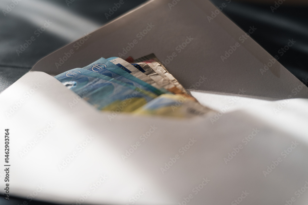 European currency Euro, banknotes in the white envelope