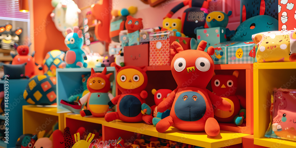 Naklejka premium Vibrant display of colorful plush toys in shop featuring whimsical designs including large red creature in front