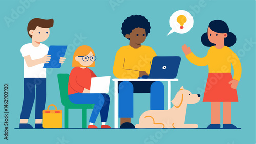 Inclusive Classroom A classroom scene where students with diverse abilities including a student with a guide dog and a student using a tablet are actively participating in a group