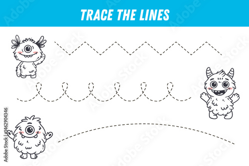 Tracing lines for kids. Cute cartoon monsters. Handwriting practice. Educational game for preschool kids. Activity page. Vector
