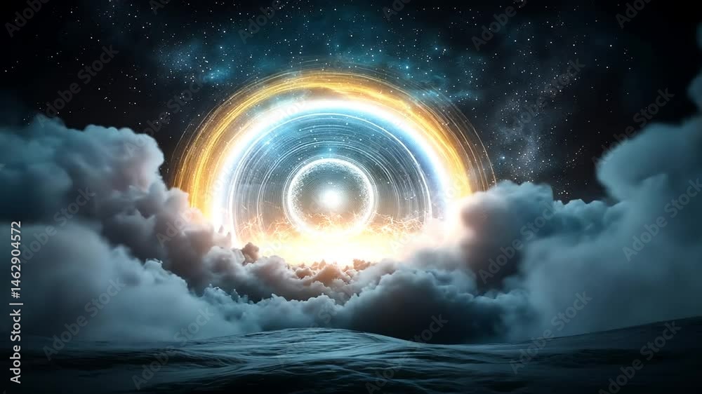 Portal opening in the clouds, illuminated by ethereal light, space and stars