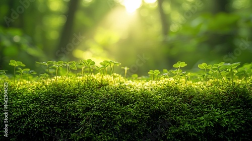 Lush moss and tiny plants bathed in sunlight