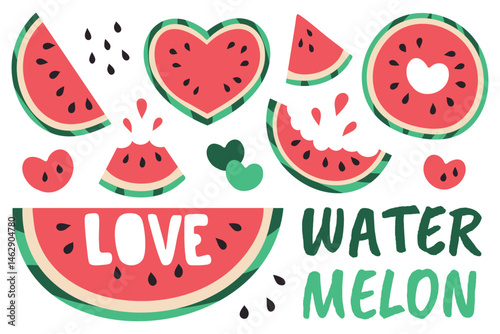 Set Watermelon Pieces, half, Heart. Collection different Types of slices - triangle, bitten, cut text Love. Juicy Splashes. Ripe summer fruit, vegan food. Simple bright flat style. Vector illustration