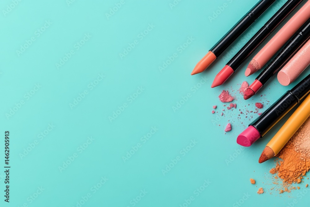 Naklejka premium A makeup essentials on blue background. Generative AI