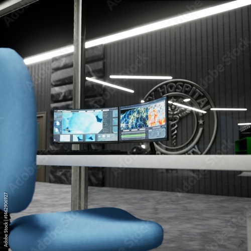 High tech clinical environment with PC displays showing electronic healthcare software. Smart medical lab with digital apps on computer screen designed for diagnostics and imaging analysis, render