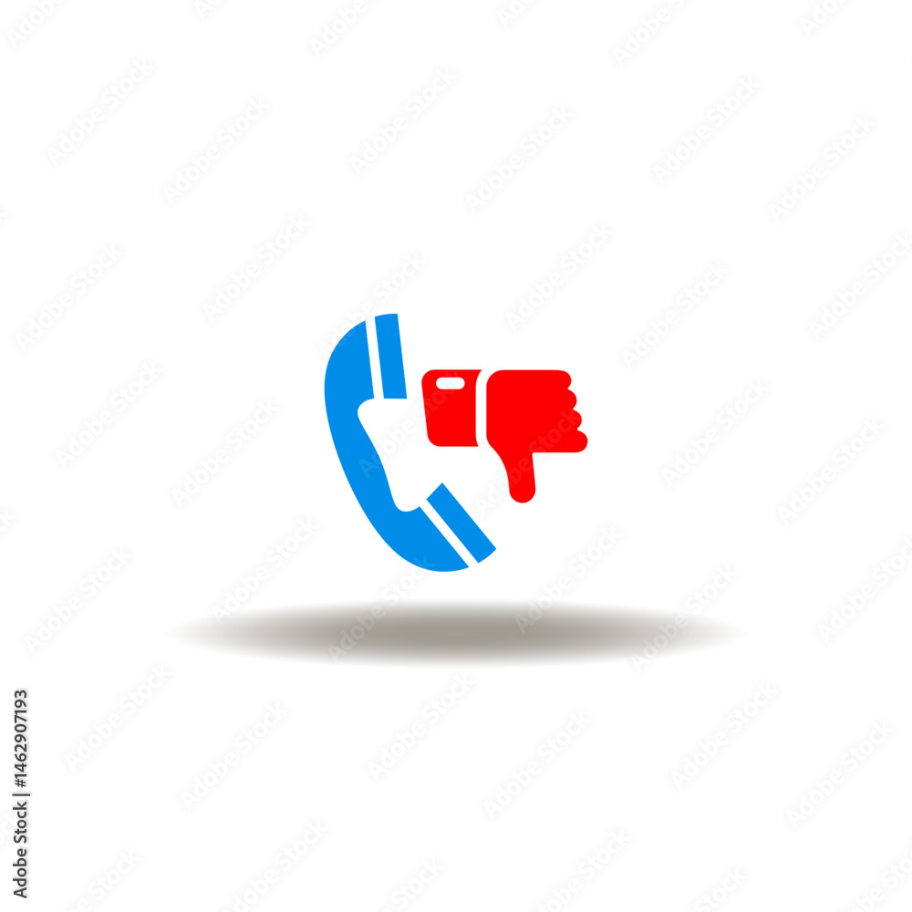Vector illustration of handset and thumb down or dislike hand gesture. Symbol of complaint. Icon of complaints.