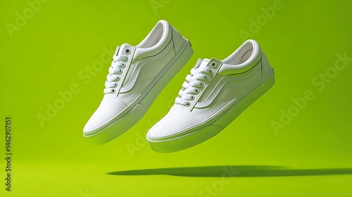 White sneakers float against a lime green backdrop