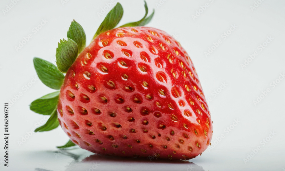 A fresh strawberry photographed from above, on a clean white surface