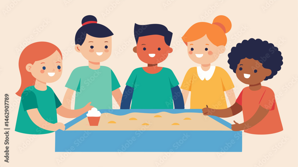 Interactive Learning A classroom scene where a diverse group of children is gathered around a large table participating in a sensory activity with tactile materials like sand and Interactive Learning A classroom scene where a diverse group of children is gathered around a large table participating in a sensory activity with tactile materials like sand and