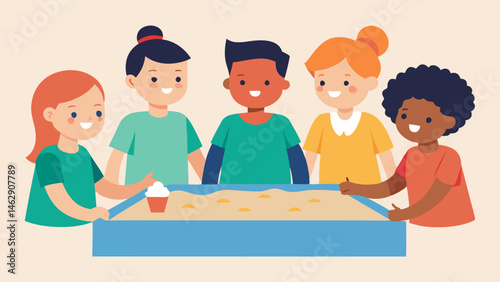 Interactive Learning A classroom scene where a diverse group of children is gathered around a large table participating in a sensory activity with tactile materials like sand and